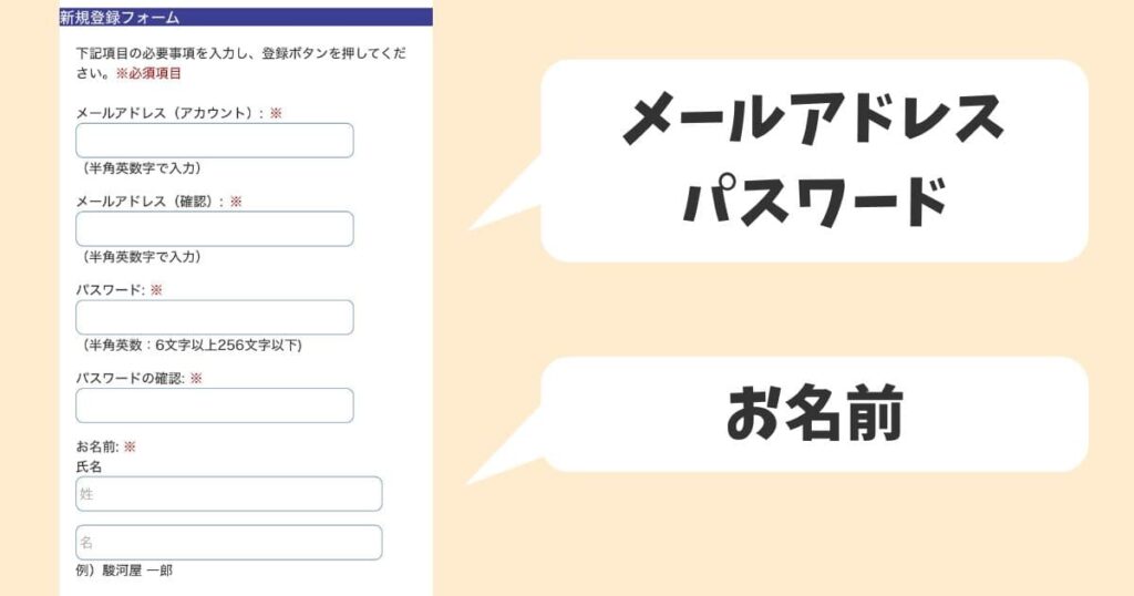 マイページの登録ページで「メールアドレス」「パスワード」「名前」を入力